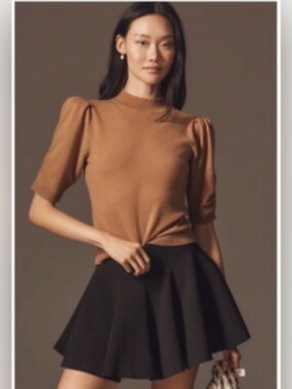 Anthropologie Sweater Camel Wool
Cashmere Puff Sleeve Mock Neck Pullover